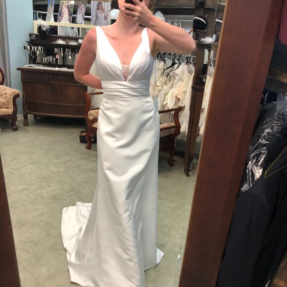 SAMPLE Satin Plunging V-neck Wedding Dress, White A-Line Fitted Sexy, Beachy - Picture 7 of 11